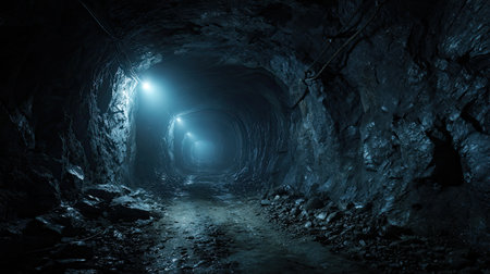 A hauntingly beautiful view of a dark abandoned mine tunnel, illuminated by soft light beams breaking through the gloom, creating an eerie atmosphere.の素材