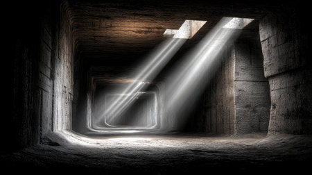 Mysterious underground tunnel with dramatic light rays breaking through gaps, casting intriguing shadows on the stone walls and floor, evoking wonder.の素材