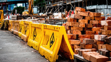 A vibrant view of a construction site featuring bright yellow barriers protecting stacked bricks and an active work environment, depicting urban growth and development.の素材