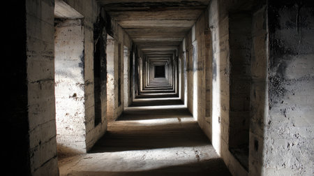 A captivating view of a long, symmetrical hallway with concrete columns, showcasing interplay between light and shadows in an abandoned space.の素材