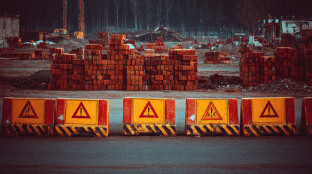 A construction site featuring bright yellow safety barriers lined up along the road, with stacks of bricks visible in the background, signaling ongoing work.の素材
