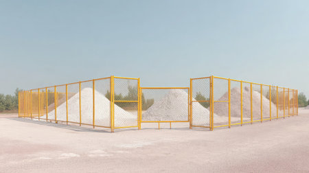 This image showcases a minimalistic landscape with yellow fencing enclosing piles of white material, creating a serene and organized outdoor space.の素材