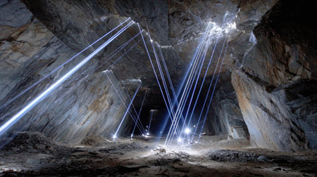 This mesmerizing image captures brilliant light beams piercing through a dark cave, revealing intricate rock formations and deep shadows. A stunning blend of nature and exploration.の素材
