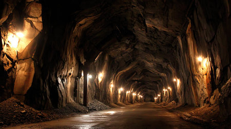 Captivating view of a dark underground tunnel featuring beautifully lit rocks, perfect for evoking feelings of exploration and mystery in photography.の素材