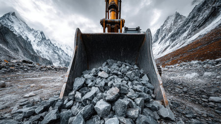 A heavy machinery bucket filled with loose rocks sits prominently in the foreground, displaying the robust nature of excavation in rugged mountainous terrain.の素材