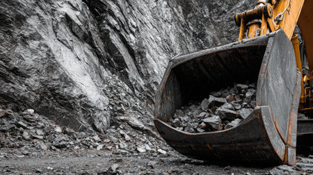 Close-up view of an excavator bucket filled with rocks at a quarry site, showcasing heavy machinery in action against a rugged stone background.の素材