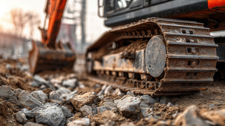 Close-up shot of an excavator track resting on a rocky construction site, showcasing the detail of heavy machinery in action amidst dirt and stones.の素材