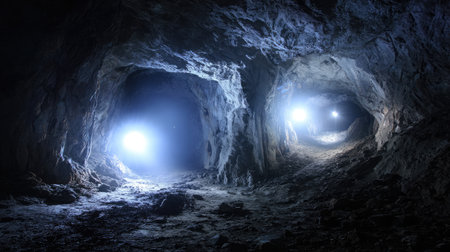 Explore the enchanting and mysterious atmosphere of a dark cave featuring illuminated pathways, dramatic shadows, and rocky textures, inviting adventure.の素材