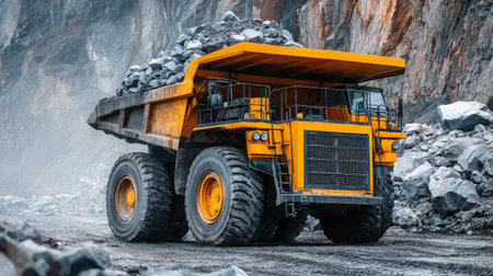A powerful dump truck loaded with rocks navigates through a quarry site, showcasing its robust design and heavy machinery in a rugged landscape.の素材