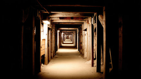 This captivating image features a long, dark tunnel supported by wooden beams, illuminated by soft lights creating a mysterious atmosphere. The perspective draws the viewer into an intriguing exploration space, perfect for themes of adventure or historical journeys.の素材