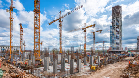 A vibrant urban construction site featuring multiple tower cranes, building framework, and a dramatic cloudy sky, symbolizing modern development.の素材