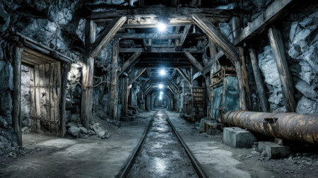 Explore a hauntingly beautiful abandoned mine tunnel featuring wooden supports, dim lighting, and a rocky environment, capturing the essence of industrial heritage.の素材