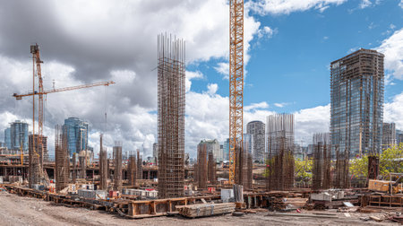 A bustling urban construction site showcasing a crane and steel framework. The modern cityscape features cloudy skies with towering structures, symbolizing growth and development.の素材