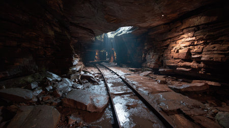 A captivating underground cave scene featuring sunlight beams breaking through a rocky ceiling, illuminating damp railway tracks amidst rugged stone walls.の素材