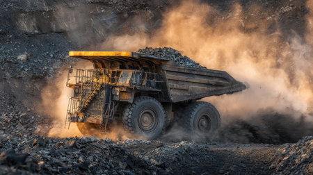 A large dump truck navigates a rugged mining site, carrying a heavy load of rocks while clouds of dust rise in the warm afternoon light, showcasing industrial activity.の素材