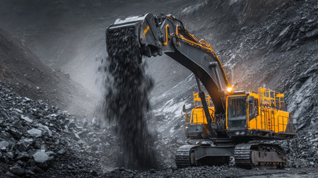 A powerful excavator is working diligently at a mining site, expertly transporting black rock material while showcasing advanced industrial technology and efficiency.の素材