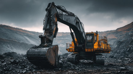 A powerful heavy excavator operates in a rocky quarry, surrounded by dramatic clouds. Dust and earth fill the air as it digs into the rugged terrain.の素材