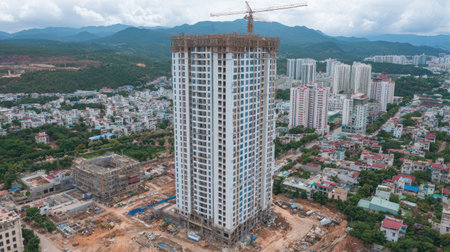 Aerial view of a high-rise building under construction featuring a crane, surrounded by urban landscape and mountains, showcasing architectural progress.の素材