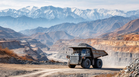 A powerful dump truck transports rocks along a dusty road in a vast mountainous mining landscape, showcasing heavy machinery in an industrial setting.の素材