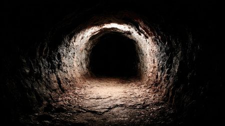 This engaging image captures the essence of a dark tunnel in an abandoned mine, featuring a faint light at the end. The rocky texture and eerie atmosphere evoke a sense of exploration and mystery.の素材