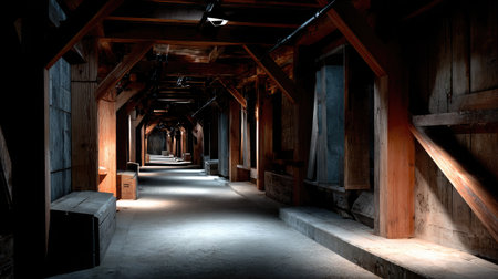 This captivating corridor features wooden beams and soft shadows, creating a mysterious atmosphere perfect for artistic photography or film settings.の素材