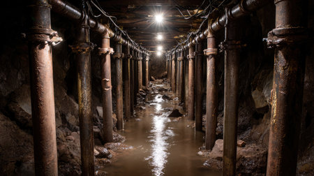 This captivating underground tunnel features exposed pipes, water pooling on the floor, and bright lights illuminating the dark surroundings.の素材