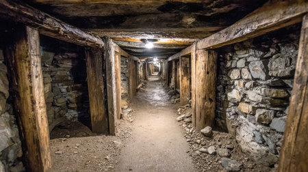 Explore a historic underground mine tunnel featuring wooden beams and stone walls. This abandoned mining site showcases unique architecture and atmosphere.の素材