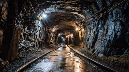 Explore the intriguing depths of an underground mine tunnel, featuring rocky walls, dim lighting, and a reflective track leading into the unknown.の素材