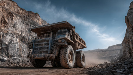 A massive mining truck navigates through a quarry landscape, kicking up dust and highlighting the scale of heavy equipment operations under a clear blue sky.の素材