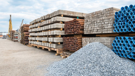 A storage site displaying various construction materials, including neatly stacked concrete slabs and piles of steel pipes and gravel, ideal for infrastructure projects.の素材