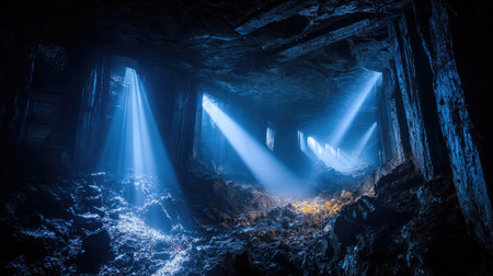 A stunning view of an abandoned mine cavern, featuring ethereal beams of light illuminating rugged rock formations and creating deep shadows.の素材