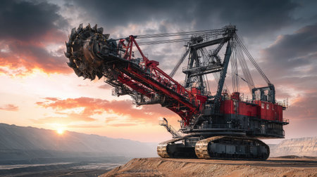 A powerful excavation machine stands amidst a breathtaking sunset in an open pit mine, showcasing advanced technology and engineering in heavy industry.の素材