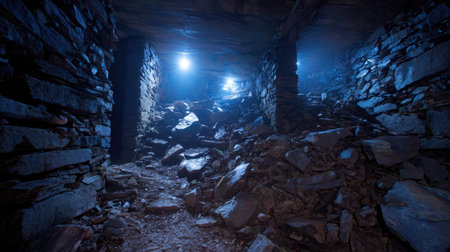 This image depicts an abandoned underground chamber filled with rocks, illuminated by dim lights. The atmosphere is mysterious and eerie, inviting exploration.の素材