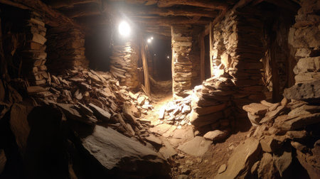 This atmospheric image captures the essence of an abandoned underground mine with stone walls, dim lighting, and a rustic charm, perfect for exploration themes.の素材