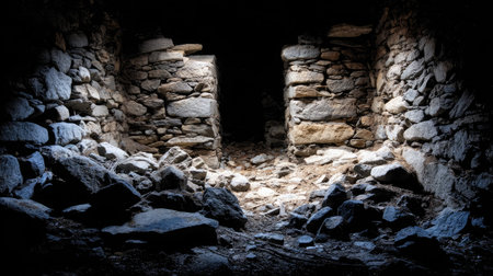 Explore an atmospheric scene of abandoned stone walls in a dark cave, where natural light accentuates rocky textures and shadows, evoking mystery.の素材