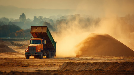 An orange dump truck operates at a construction site, unloading sand as dust swirls in the air during the golden hour. The scene captures the essence of industrial work and the beauty of natural light against a rugged landscape.の素材