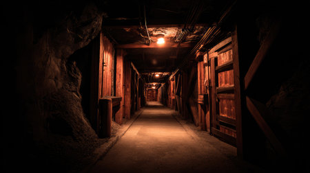 Explore the depths of a dimly lit underground tunnel featuring wooden walls and soft ambient lighting, creating a mysterious and intriguing atmosphere.の素材