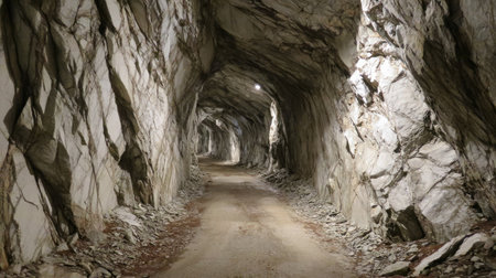 Explore a tranquil underground passage featuring stunning rock formations illuminated by soft lighting. This serene environment invites adventure and exploration.の素材