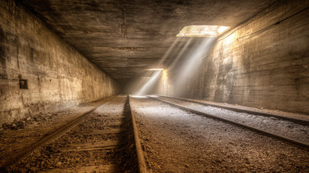 This captivating image features an abandoned railway tunnel illuminated by rays of light piercing through the concrete. The atmosphere evokes mystery and nostalgia, inviting exploration of forgotten landscapes.の素材