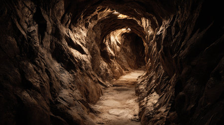 Explore a captivating underground cave passage characterized by intricate rock formations and gentle illumination, inviting adventure and exploration.の素材