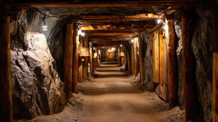 A captivating view of an underground tunnel showcasing wooden support beams and exposed rock walls. This abandoned mine exudes a sense of adventure and exploration, inviting viewers to envision the history and geology behind these majestic formations.の素材