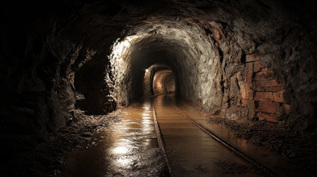 An eerie, abandoned underground mine tunnel featuring water pooling on the ground, reflecting dim light that highlights the rugged stone walls.の素材