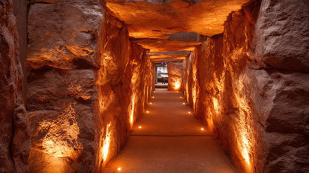 This serene underground passageway features illuminated walls showcasing natural rock formations, creating an inviting and mysterious atmosphere perfect for exploration.の素材