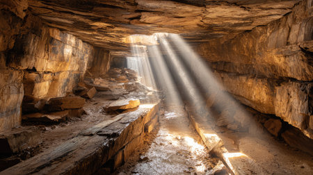 A stunning view inside a rocky cave, showcasing light rays piercing through the opening, highlighting earthy textures and creating a serene atmosphere.の素材