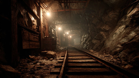 This captivating image showcases an abandoned mine shaft featuring wooden tracks, softly illuminated by dim lights, evoking a sense of mystery and history.の素材