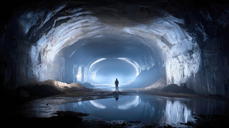 A solitary figure stands in a dark cave, with ethereal blue light highlighting the wet ground and creating surreal reflections in the water.の素材