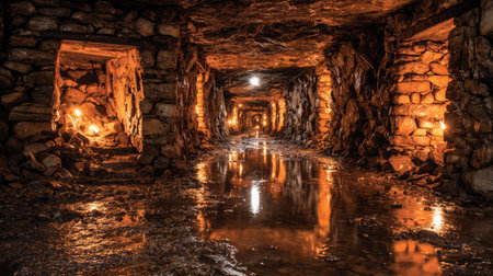 Explore the fascinating depths of an underground mine, showcasing natural stone walls, flickering torches, and shimmering water reflections in a mysterious atmosphere.の素材