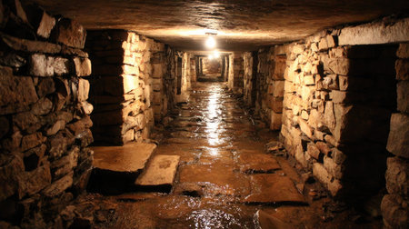 This atmospheric image captures a mysterious underground passageway featuring well-crafted stone walls and a reflective water surface. The dim light adds to the intrigue of this hidden space. Perfect for themes of exploration or ancient architecture.の素材