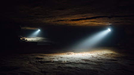 Discover the mysterious beauty of a cave where beams of light pierce through darkness, illuminating unique rock formations and creating an intriguing atmosphere.の素材