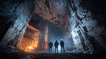 Experience the intrigue of underground exploration as adventurers navigate a dark cave, illuminated by their headlamps, in a stunning, atmospheric scene.の素材